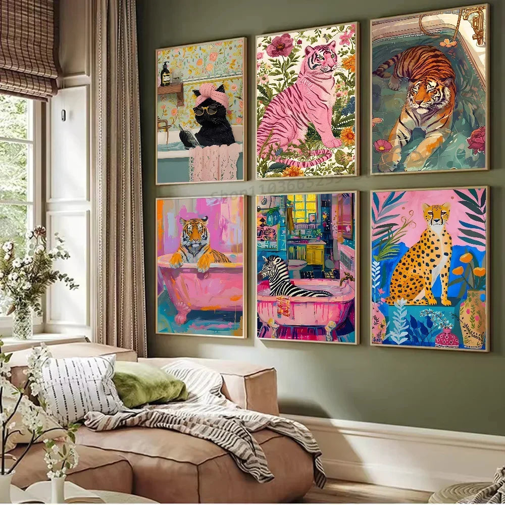 Colorful Bathtub Animal Tiger Zebra Black Cat Aesthetic Poster Paper Print Home Bedroom Entrance Cafe Art Painting Decoration Colorful Bathtub Animal Tiger Zebra Black Cat Aesthetic Poster Paper Print Home Bedroom Entrance Cafe Art Painting Decoration